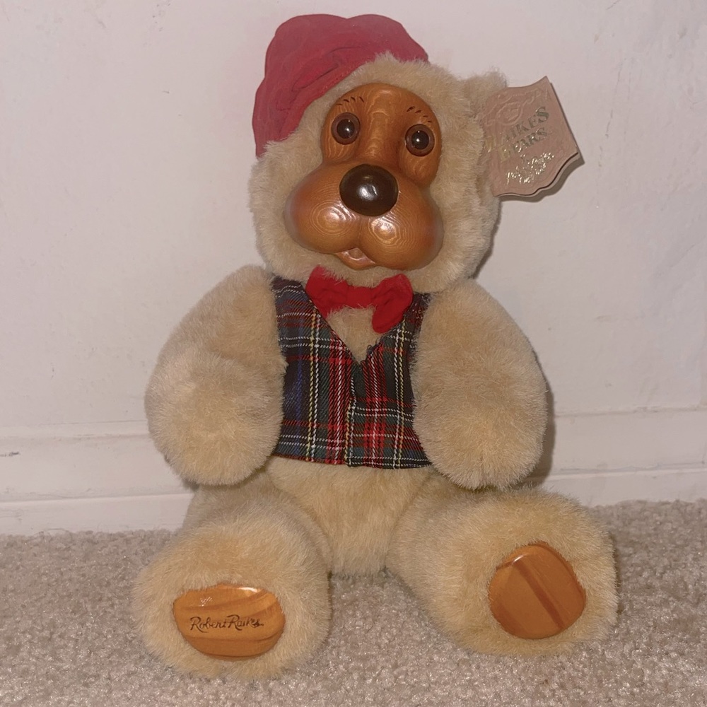 ROBERT RAIKES CARVED WOOD PAPA BEAR 12" JOINTED PLUSH WITH PLAID VEST RED & HAT!